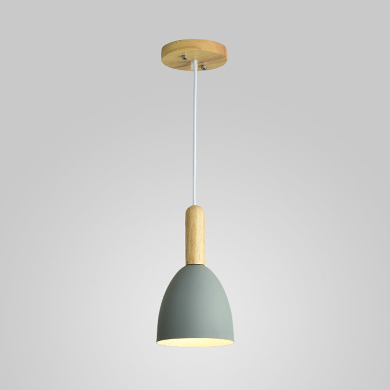 Metallic Bell Hanging Light Macaron 1-Head Down Lighting Pendant with Wooden Handle Grey Clearhalo 'Ceiling Lights' 'Pendant Lights' 'Pendants' Lighting' 2294095_4f7d65ce-27ae-48f3-8ad2-cff44b54a9fe