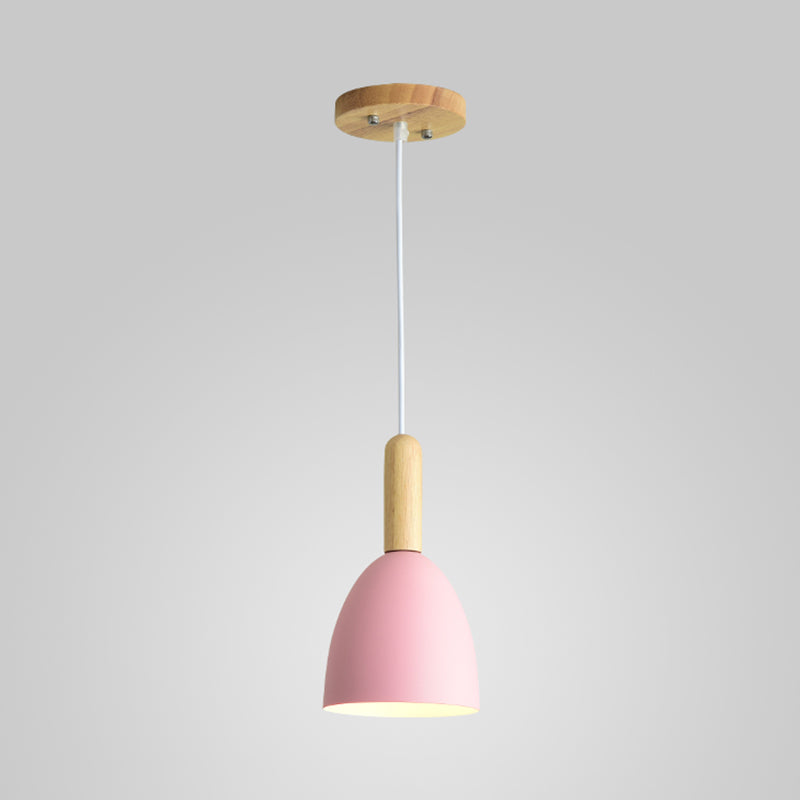 Metallic Bell Hanging Light Macaron 1-Head Down Lighting Pendant with Wooden Handle Pink Clearhalo 'Ceiling Lights' 'Pendant Lights' 'Pendants' Lighting' 2294096_07998c21-7b8b-4071-88bd-62fa79b61f6e