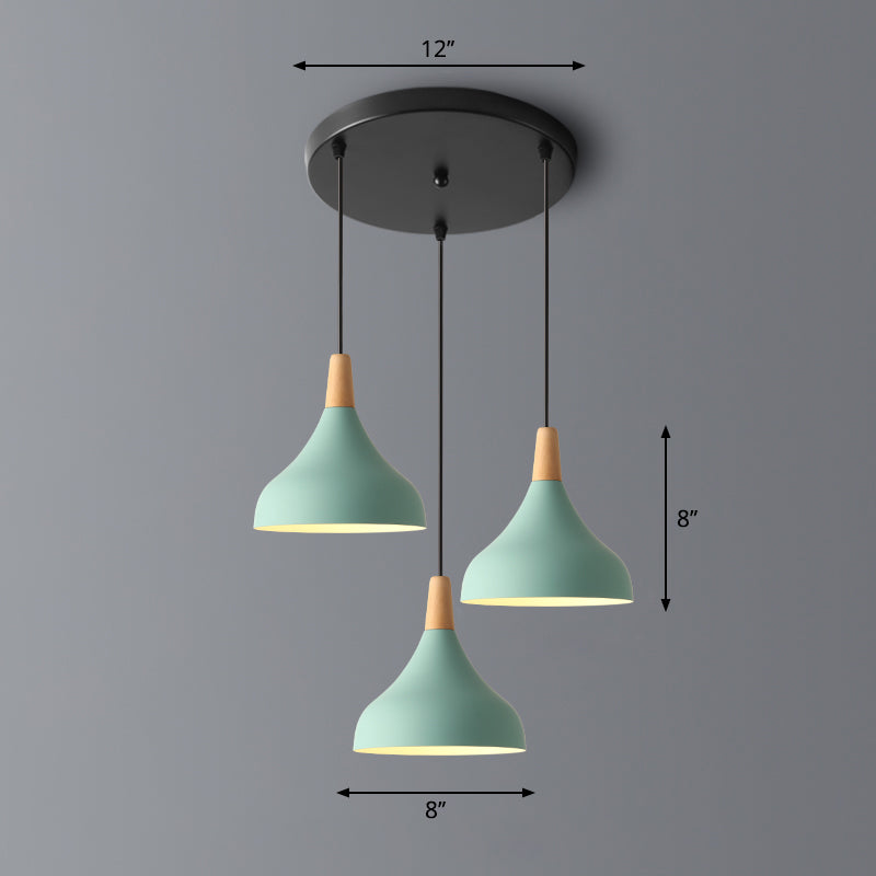 Swell Shape Pendant Light Macaron Metal 3-Head Multi Hanging Light Fixture with Wood Tip Clearhalo 'Ceiling Lights' 'Pendant Lights' 'Pendants' Lighting' 2294122