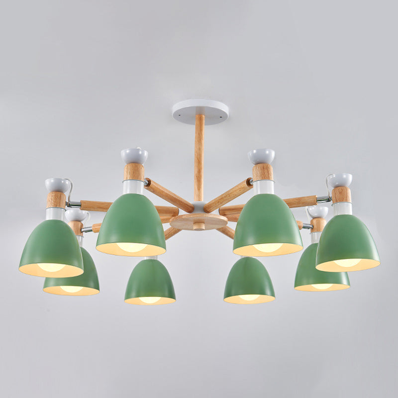 Macaron Style Bell Chandelier Lighting Metal Bedroom Hanging Light with Wooden Rod 8 Green Clearhalo 'Ceiling Lights' 'Chandeliers' Lighting' options 2294352_cc018850-7959-4063-92cc-02cbff07cd4c