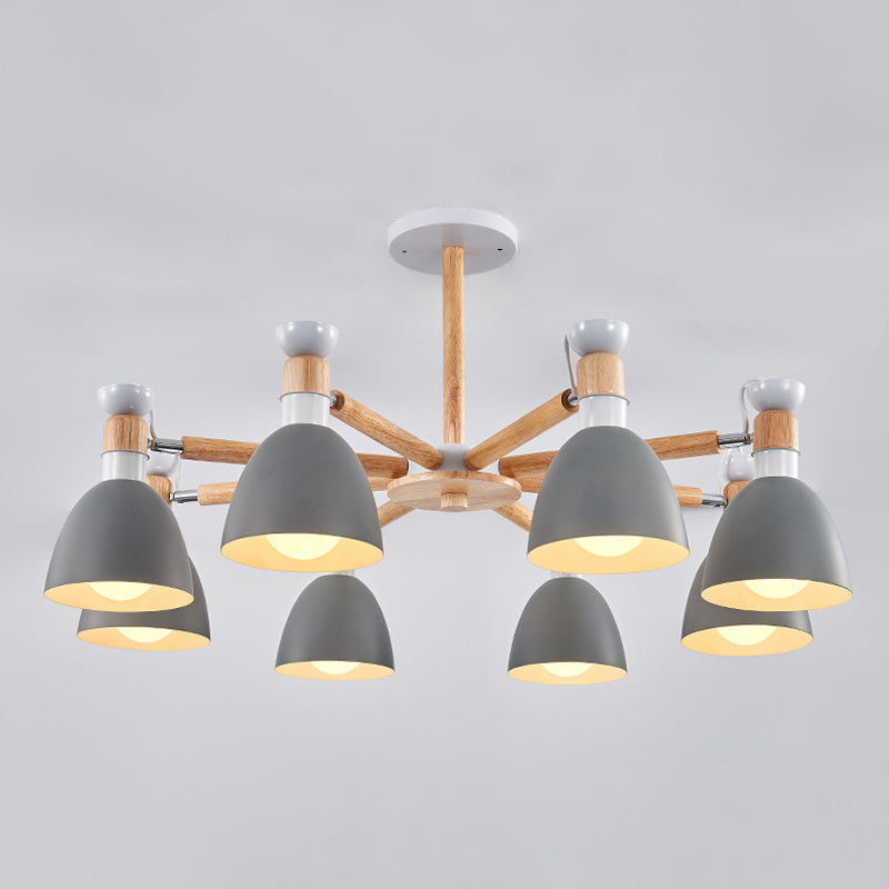 Macaron Style Bell Chandelier Lighting Metal Bedroom Hanging Light with Wooden Rod 8 Grey Clearhalo 'Ceiling Lights' 'Chandeliers' Lighting' options 2294353_50983eab-18e5-4d3c-bf99-c641c145db28