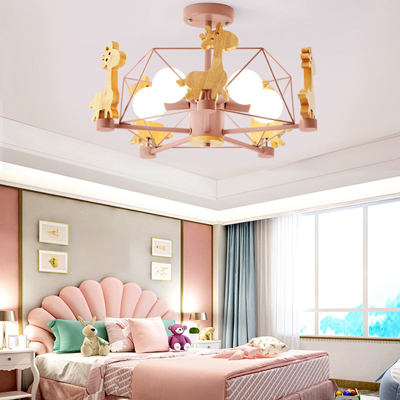 Macaron Cage Ceiling Pendant Light Metal 4-Head Bedroom Chandelier with Wooden Giraffe Deco Clearhalo 'Ceiling Lights' 'Chandeliers' Lighting' options 2294399