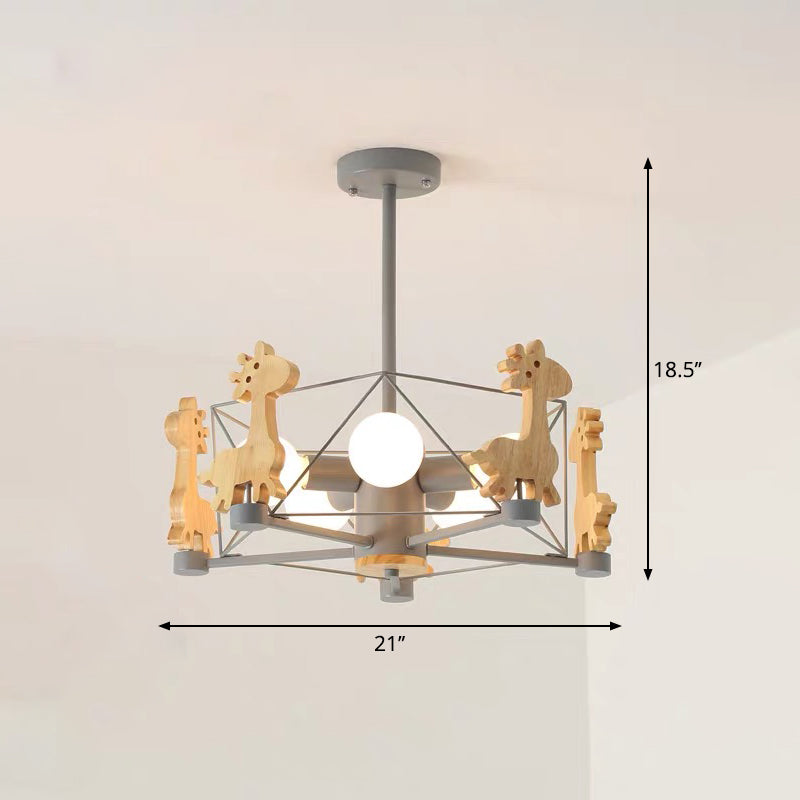 Macaron Cage Ceiling Pendant Light Metal 4-Head Bedroom Chandelier with Wooden Giraffe Deco Clearhalo 'Ceiling Lights' 'Chandeliers' Lighting' options 2294400