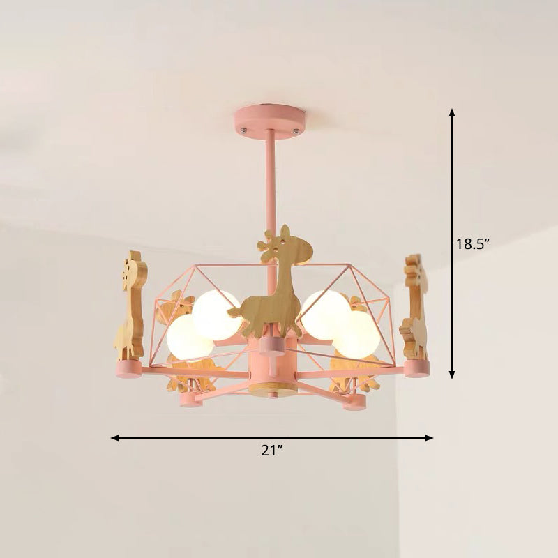 Macaron Cage Ceiling Pendant Light Metal 4-Head Bedroom Chandelier with Wooden Giraffe Deco Pink Clearhalo 'Ceiling Lights' 'Chandeliers' Lighting' options 2294403_b1516e22-56e9-4ac4-b269-5d31d902c926