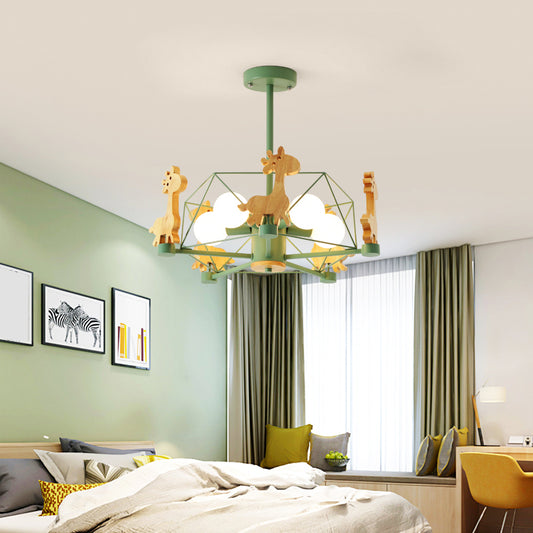 Macaron Cage Ceiling Pendant Light Metal 4-Head Bedroom Chandelier with Wooden Giraffe Deco Clearhalo 'Ceiling Lights' 'Chandeliers' Lighting' options 2294404