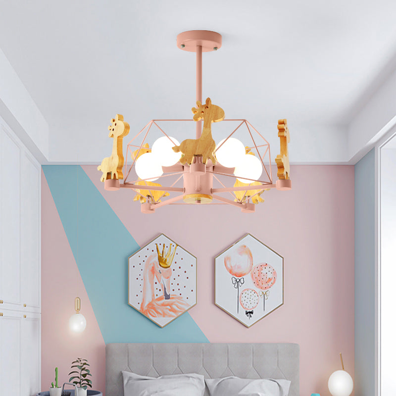 Giraffe Chandelier Cartoon Wooden Kindergarten Hanging Ceiling Light with Wire Cage Pink Clearhalo 'Ceiling Lights' 'Chandeliers' Lighting' options 2294407_c2dee71c-0076-49a0-86e8-655b5dd778fd