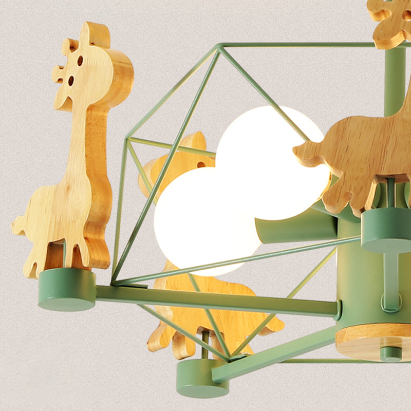 Giraffe Chandelier Cartoon Wooden Kindergarten Hanging Ceiling Light with Wire Cage Clearhalo 'Ceiling Lights' 'Chandeliers' Lighting' options 2294411