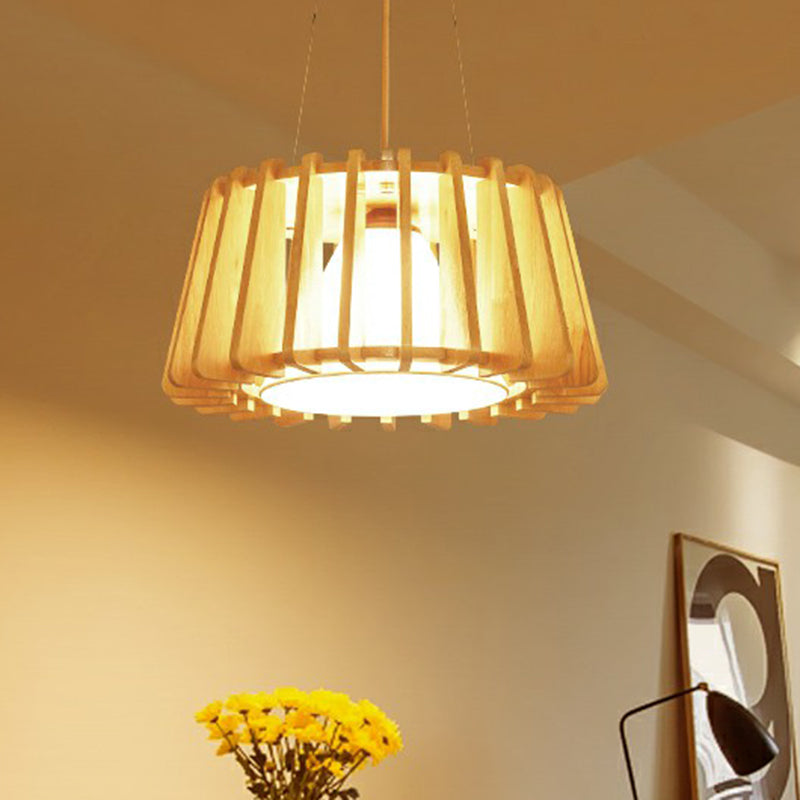 Wooden Drum Suspension Lamp Contemporary 1-Light Pendant Light Fixture with Inner Conical Fabric Shade Clearhalo 'Ceiling Lights' 'Modern Pendants' 'Modern' 'Pendant Lights' 'Pendants' Lighting' 2294423