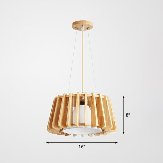Wooden Drum Suspension Lamp Contemporary 1-Light Pendant Light Fixture with Inner Conical Fabric Shade Wood Clearhalo 'Ceiling Lights' 'Modern Pendants' 'Modern' 'Pendant Lights' 'Pendants' Lighting' 2294424