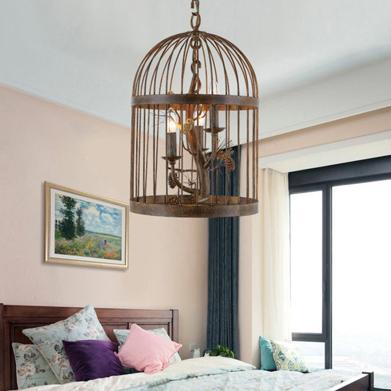 Metal Brown Pendant Lamp Bird Cage 3 Lights Rustic Chandelier Light Fixture for Dining Room Brown Clearhalo 'Ceiling Lights' 'Chandeliers' Lighting' options 229442_b6e8daef-6949-4d86-af79-2b5814f06231