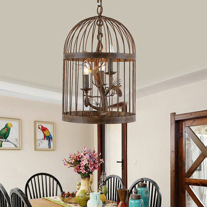 Metal Brown Pendant Lamp Bird Cage 3 Lights Rustic Chandelier Light Fixture for Dining Room Clearhalo 'Ceiling Lights' 'Chandeliers' Lighting' options 229443