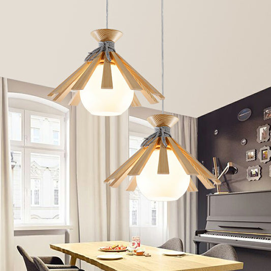 Conical Wood Slat Pendant Light Kit Modern 1-Light Down Lighting with Dome White Glass Shade Wood Clearhalo 'Ceiling Lights' 'Modern Pendants' 'Modern' 'Pendant Lights' 'Pendants' Lighting' 2294434