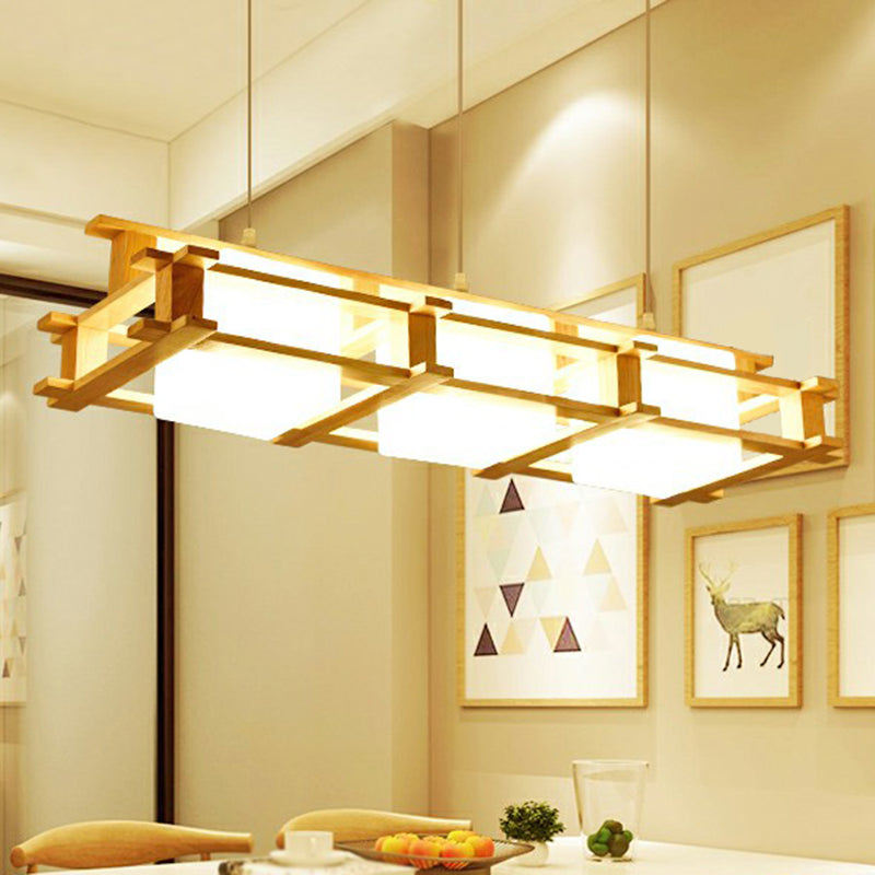 Milk Glass Rectangular Island Light Nordic 3 Lights Beige Suspension Lamp with Wooden Cage Clearhalo 'Ceiling Lights' 'Island Lights' Lighting' 2294450