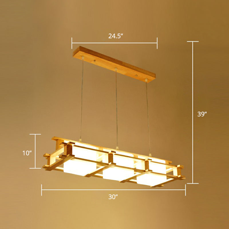 Milk Glass Rectangular Island Light Nordic 3 Lights Beige Suspension Lamp with Wooden Cage Clearhalo 'Ceiling Lights' 'Island Lights' Lighting' 2294451