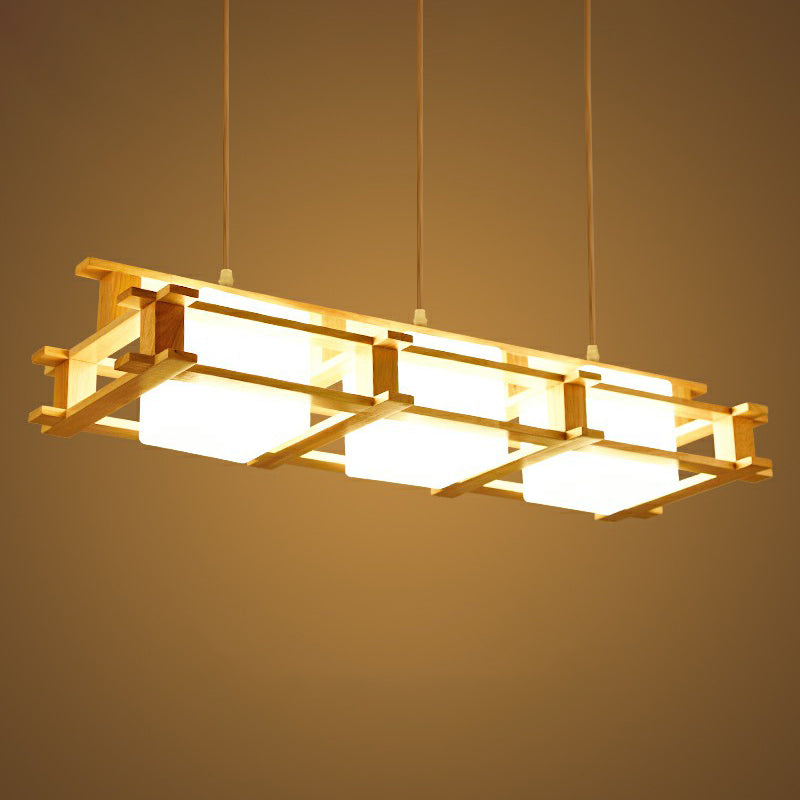 Milk Glass Rectangular Island Light Nordic 3 Lights Beige Suspension Lamp with Wooden Cage Clearhalo 'Ceiling Lights' 'Island Lights' Lighting' 2294452