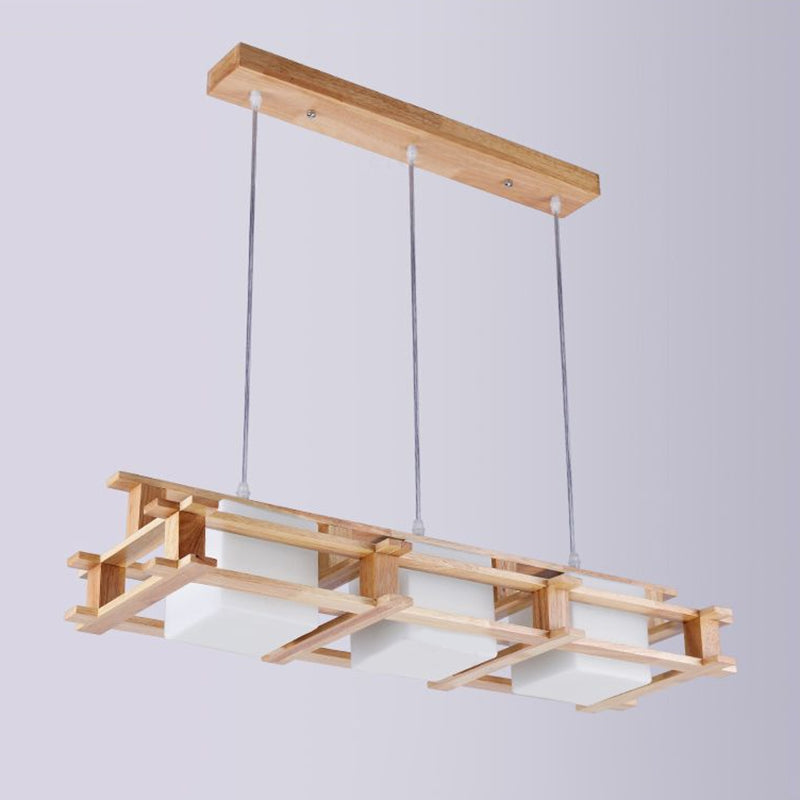 Milk Glass Rectangular Island Light Nordic 3 Lights Beige Suspension Lamp with Wooden Cage Clearhalo 'Ceiling Lights' 'Island Lights' Lighting' 2294453