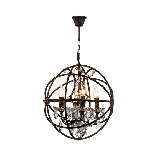 4 Lights Metal Hanging Chandelier Country Black Globe Dining Room Pendant Light Fixture with Crystal Deco Clearhalo 'Ceiling Lights' 'Chandeliers' Lighting' options 229448