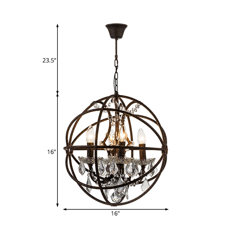 4 Lights Metal Hanging Chandelier Country Black Globe Dining Room Pendant Light Fixture with Crystal Deco Clearhalo 'Ceiling Lights' 'Chandeliers' Lighting' options 229449