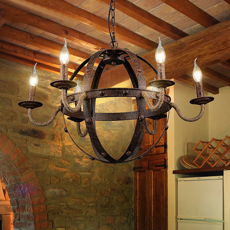 Globe Metal Chandelier Lamp Country Style 6 Lights Dining Room Pendant Lighting in Rust Clearhalo 'Ceiling Lights' 'Chandeliers' Lighting' options 229465