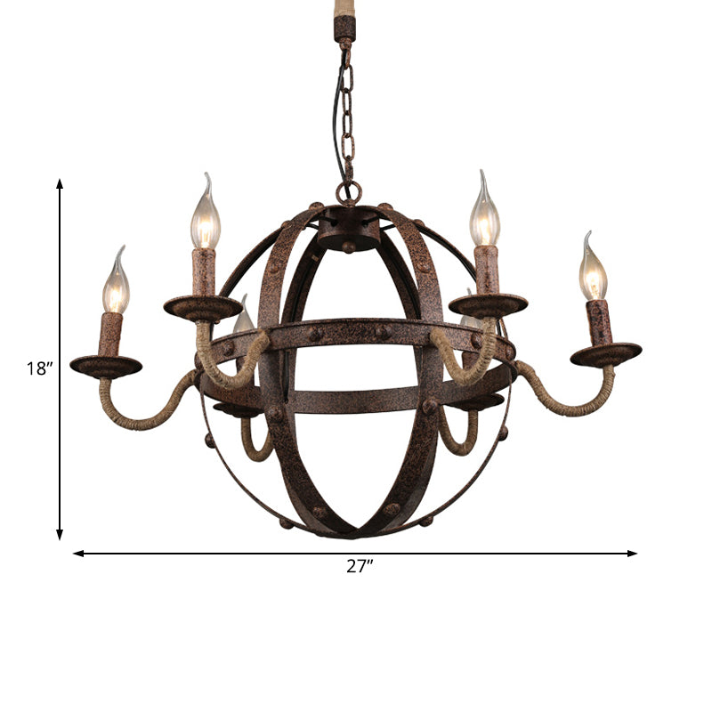 Globe Metal Chandelier Lamp Country Style 6 Lights Dining Room Pendant Lighting in Rust Clearhalo 'Ceiling Lights' 'Chandeliers' Lighting' options 229467