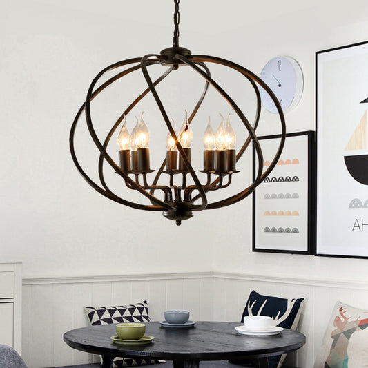 Candle Living Room Pendant Chandelier Country Metal 8 Lights Black Hanging Fixture with Cage Clearhalo 'Ceiling Lights' 'Chandeliers' Lighting' options 229473