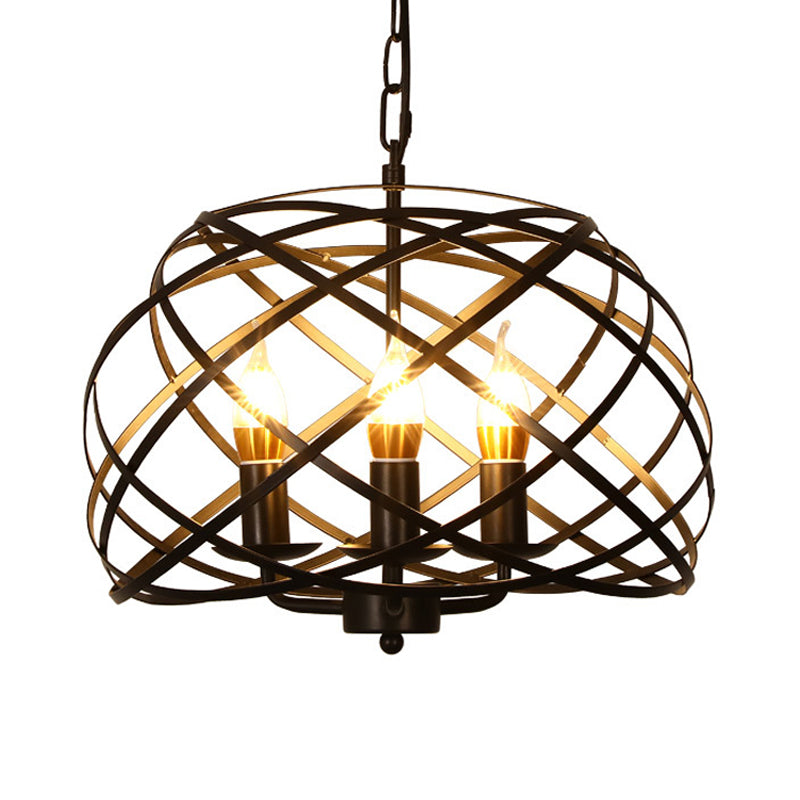 Black 3 Lights Chandelier Light Fixture Country Metal Caged Pendant Lamp for Dining Room Clearhalo 'Ceiling Lights' 'Chandeliers' Lighting' options 229489