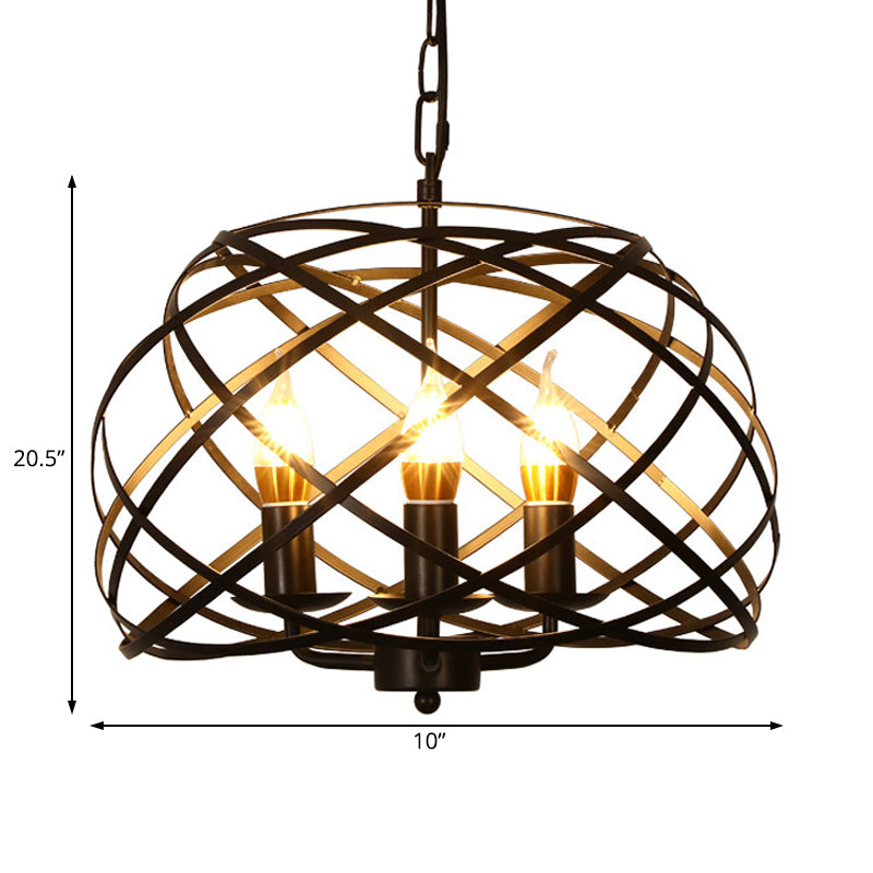 Black 3 Lights Chandelier Light Fixture Country Metal Caged Pendant Lamp for Dining Room Clearhalo 'Ceiling Lights' 'Chandeliers' Lighting' options 229490