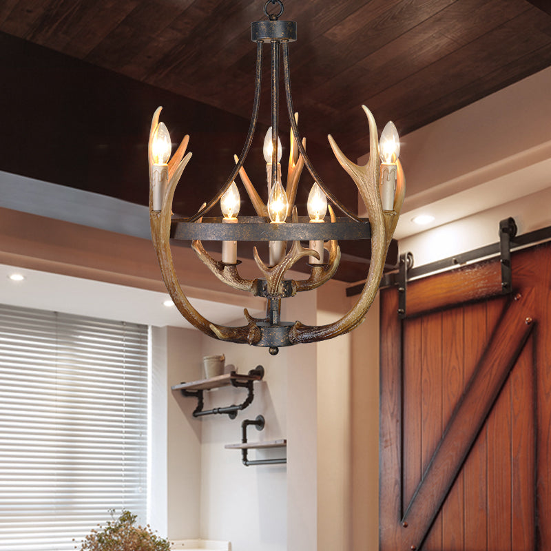 6/9 Lights Pendant Lighting Rustic Wheel Resin Chandelier Lamp in Brown for Dining Room with Elk Deco 6 Brown Clearhalo 'Ceiling Lights' 'Chandeliers' Lighting' options 229491_3f8eadec-0c5e-4e24-b337-eab1f36c8747