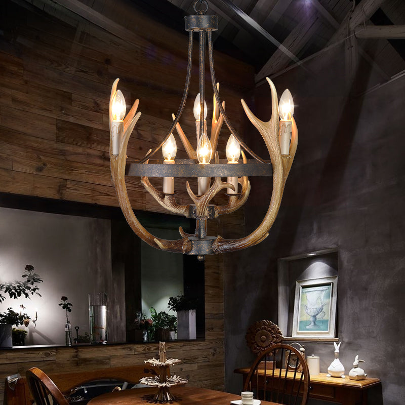 6/9 Lights Pendant Lighting Rustic Wheel Resin Chandelier Lamp in Brown for Dining Room with Elk Deco Clearhalo 'Ceiling Lights' 'Chandeliers' Lighting' options 229492