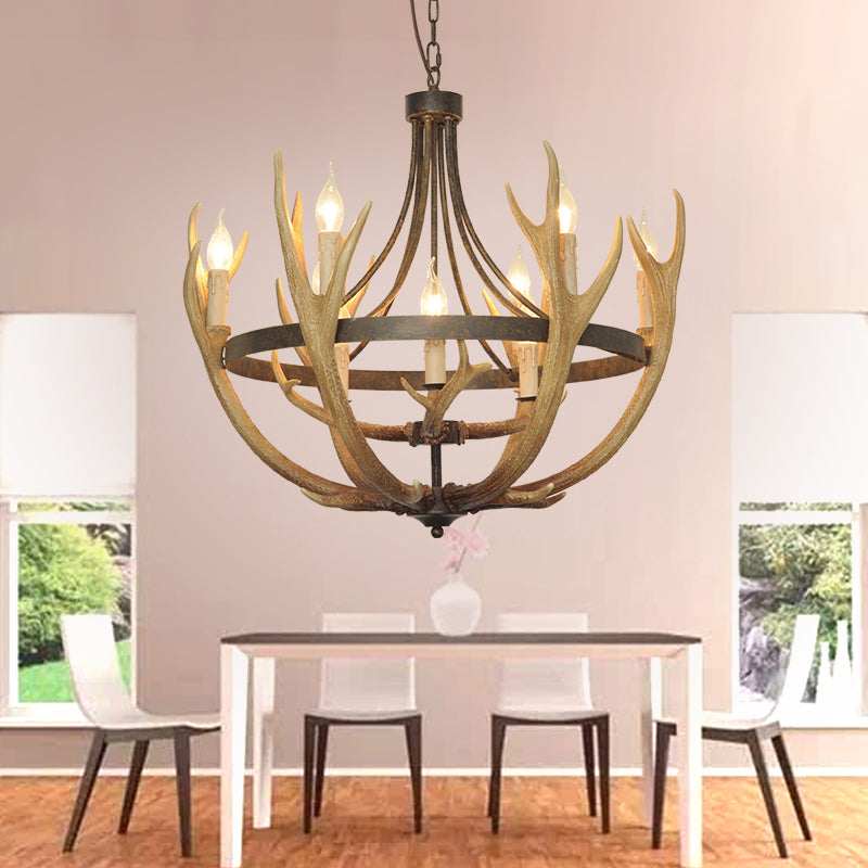 6/9 Lights Pendant Lighting Rustic Wheel Resin Chandelier Lamp in Brown for Dining Room with Elk Deco 9 Brown Clearhalo 'Ceiling Lights' 'Chandeliers' Lighting' options 229495_9188794c-930a-4af1-9fdd-6d088d9e7547