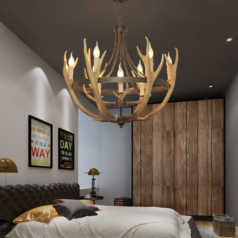 6/9 Lights Pendant Lighting Rustic Wheel Resin Chandelier Lamp in Brown for Dining Room with Elk Deco Clearhalo 'Ceiling Lights' 'Chandeliers' Lighting' options 229496