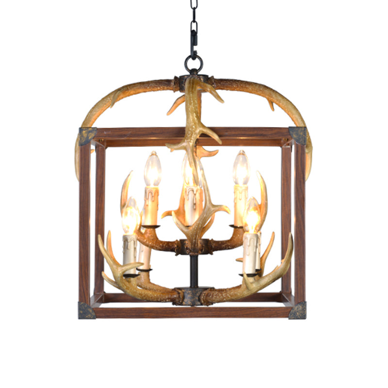 Red Brown Rectangle Frame Pendant Lighting Rustic Metal 4/8 Lights Dining Room Chandelier Lamp Clearhalo 'Ceiling Lights' 'Chandeliers' Lighting' options 229524