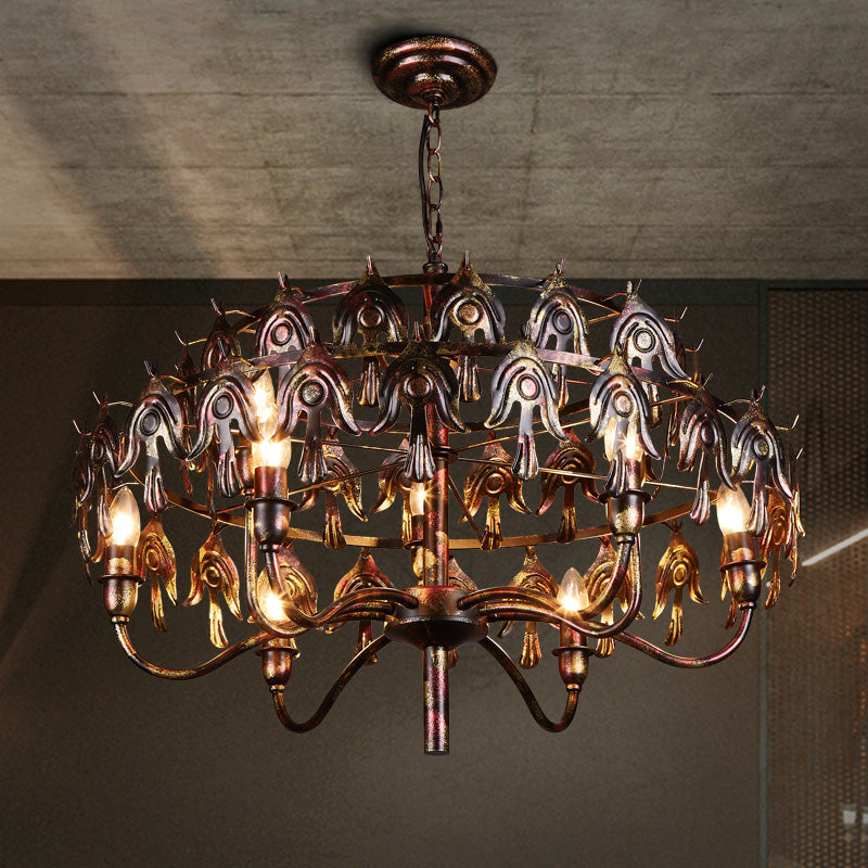 Exposed Bulb Living Room Pendant Chandelier Country Metal 9 Lights Rustic Copper Hanging Fixture Clearhalo 'Ceiling Lights' 'Chandeliers' Lighting' options 229535