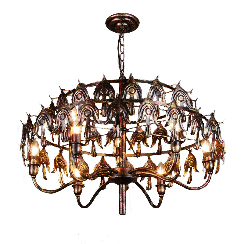 Exposed Bulb Living Room Pendant Chandelier Country Metal 9 Lights Rustic Copper Hanging Fixture Clearhalo 'Ceiling Lights' 'Chandeliers' Lighting' options 229536