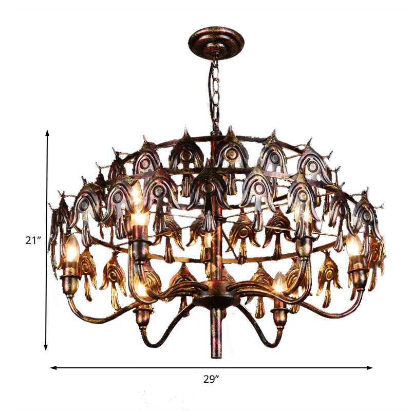 Exposed Bulb Living Room Pendant Chandelier Country Metal 9 Lights Rustic Copper Hanging Fixture Clearhalo 'Ceiling Lights' 'Chandeliers' Lighting' options 229537