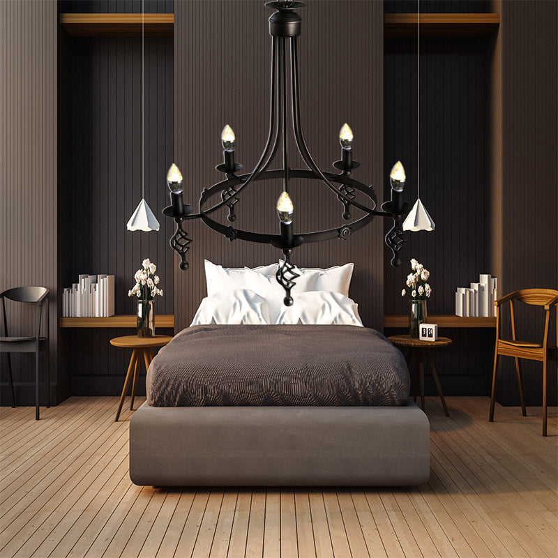 5 Lights Round Chandelier Lamp Country Metal Hanging Pendant Lighting in Black for Bedroom Black Clearhalo 'Ceiling Lights' 'Chandeliers' Lighting' options 229538_74d60428-cf20-40ea-a030-0771b042b19c