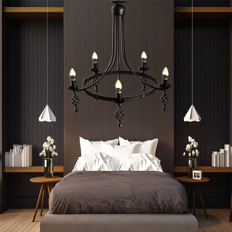 5 Lights Round Chandelier Lamp Country Metal Hanging Pendant Lighting in Black for Bedroom Clearhalo 'Ceiling Lights' 'Chandeliers' Lighting' options 229539
