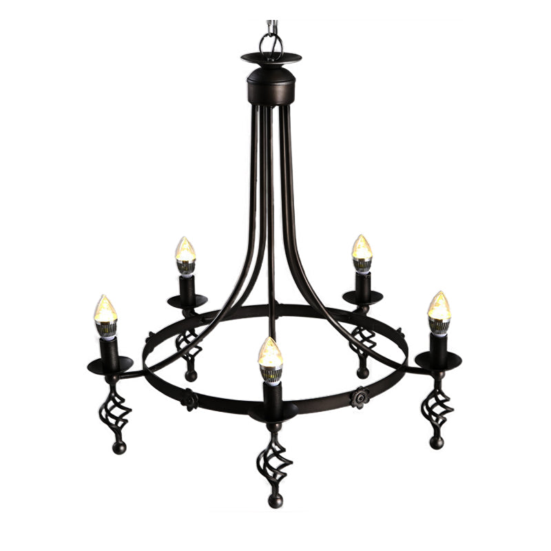 5 Lights Round Chandelier Lamp Country Metal Hanging Pendant Lighting in Black for Bedroom Clearhalo 'Ceiling Lights' 'Chandeliers' Lighting' options 229540