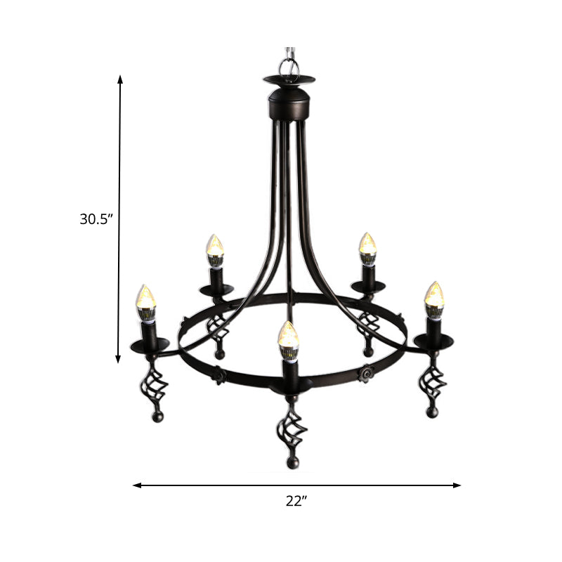 5 Lights Round Chandelier Lamp Country Metal Hanging Pendant Lighting in Black for Bedroom Clearhalo 'Ceiling Lights' 'Chandeliers' Lighting' options 229541