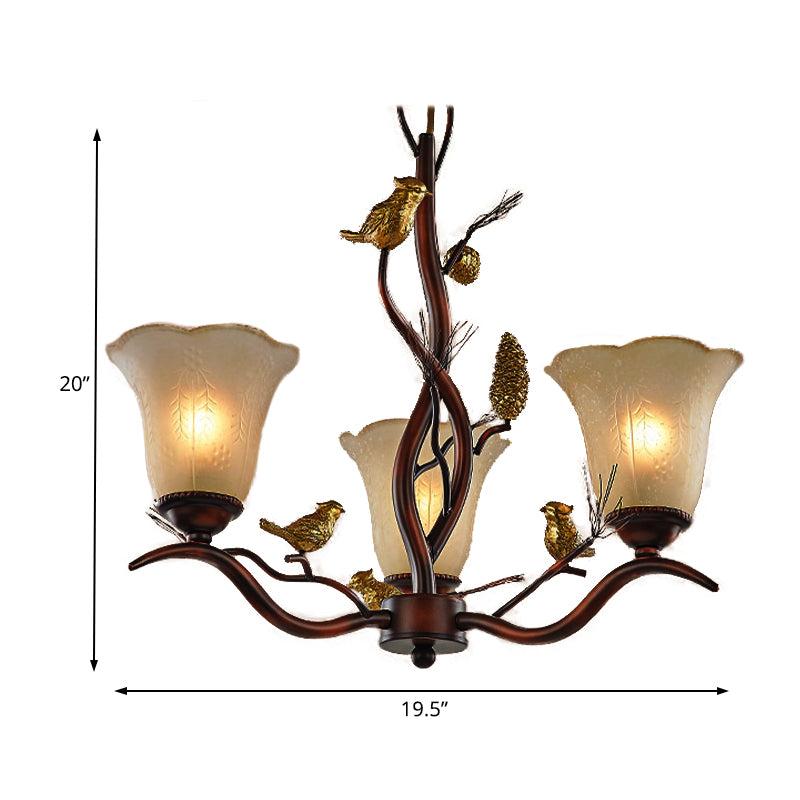 Flower Shaped Living Room Ceiling Chandelier Rustic Frosted Glass 3/6/8 Lights Brown Hanging Fixture with Bird Clearhalo 'Ceiling Lights' 'Chandeliers' 'Glass shade' 'Glass' Lighting' 229552
