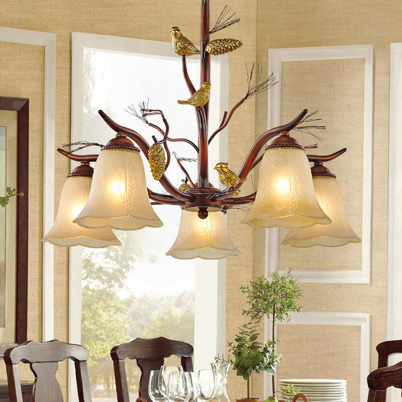 Flower Shaped Living Room Ceiling Chandelier Rustic Frosted Glass 3/6/8 Lights Brown Hanging Fixture with Bird Clearhalo 'Ceiling Lights' 'Chandeliers' 'Glass shade' 'Glass' Lighting' 229553