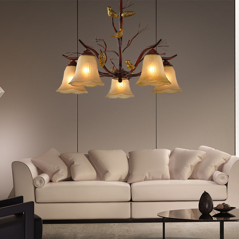 Flower Shaped Living Room Ceiling Chandelier Rustic Frosted Glass 3/6/8 Lights Brown Hanging Fixture with Bird Clearhalo 'Ceiling Lights' 'Chandeliers' 'Glass shade' 'Glass' Lighting' 229554