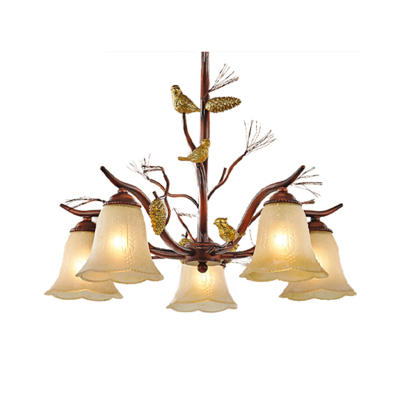 Flower Shaped Living Room Ceiling Chandelier Rustic Frosted Glass 3/6/8 Lights Brown Hanging Fixture with Bird 5 Brown Clearhalo 'Ceiling Lights' 'Chandeliers' 'Glass shade' 'Glass' Lighting' 229555
