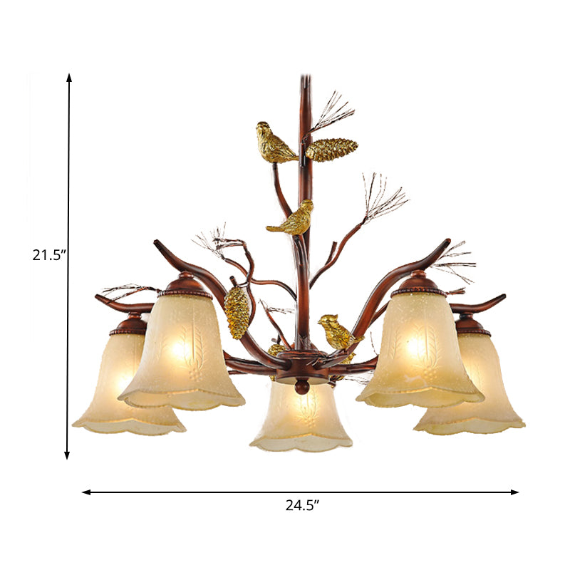 Flower Shaped Living Room Ceiling Chandelier Rustic Frosted Glass 3/6/8 Lights Brown Hanging Fixture with Bird Clearhalo 'Ceiling Lights' 'Chandeliers' 'Glass shade' 'Glass' Lighting' 229556