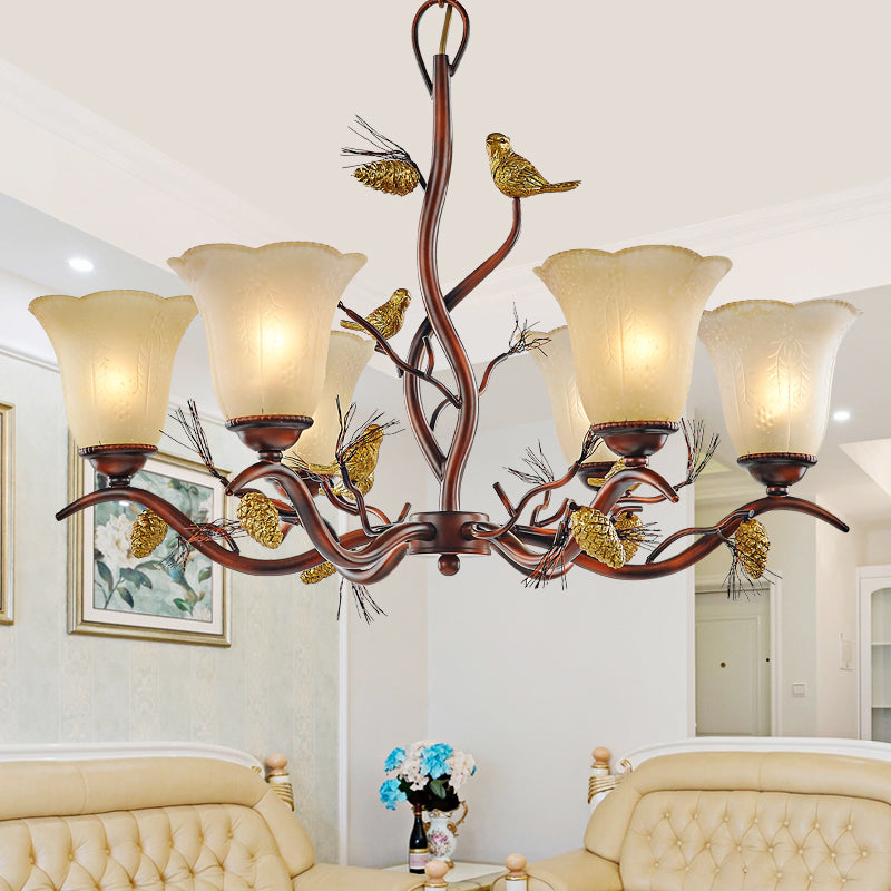 Flower Shaped Living Room Ceiling Chandelier Rustic Frosted Glass 3/6/8 Lights Brown Hanging Fixture with Bird 6 Brown Clearhalo 'Ceiling Lights' 'Chandeliers' 'Glass shade' 'Glass' Lighting' 229557