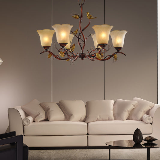 Flower Shaped Living Room Ceiling Chandelier Rustic Frosted Glass 3/6/8 Lights Brown Hanging Fixture with Bird Clearhalo 'Ceiling Lights' 'Chandeliers' 'Glass shade' 'Glass' Lighting' 229558