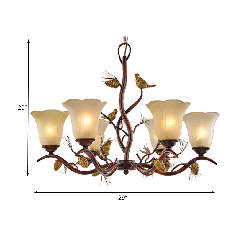 Flower Shaped Living Room Ceiling Chandelier Rustic Frosted Glass 3/6/8 Lights Brown Hanging Fixture with Bird Clearhalo 'Ceiling Lights' 'Chandeliers' 'Glass shade' 'Glass' Lighting' 229559