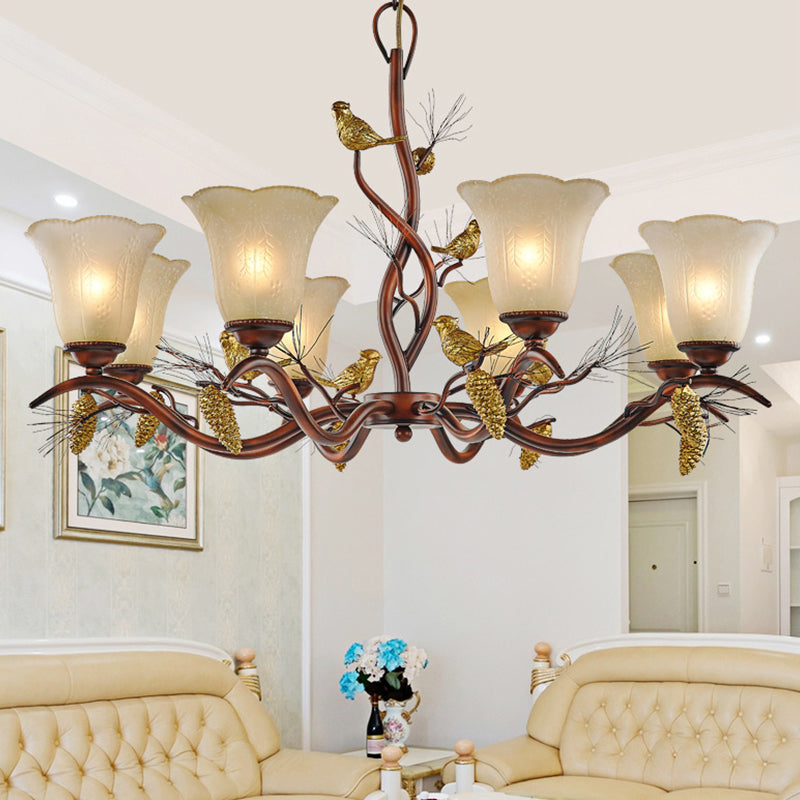 Flower Shaped Living Room Ceiling Chandelier Rustic Frosted Glass 3/6/8 Lights Brown Hanging Fixture with Bird 8 Brown Clearhalo 'Ceiling Lights' 'Chandeliers' 'Glass shade' 'Glass' Lighting' 229560