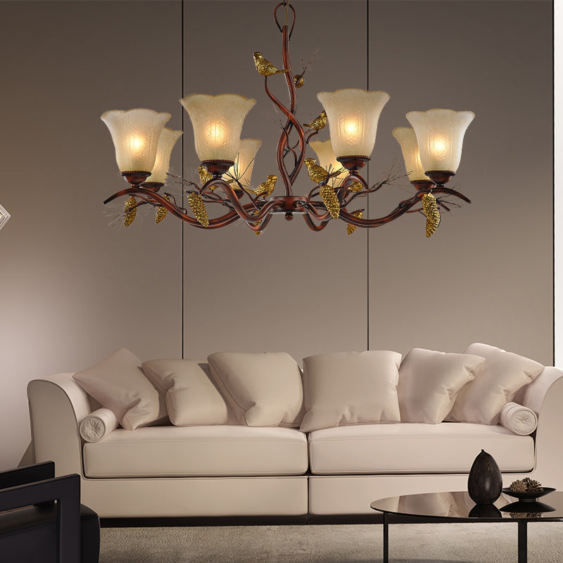 Flower Shaped Living Room Ceiling Chandelier Rustic Frosted Glass 3/6/8 Lights Brown Hanging Fixture with Bird Clearhalo 'Ceiling Lights' 'Chandeliers' 'Glass shade' 'Glass' Lighting' 229561