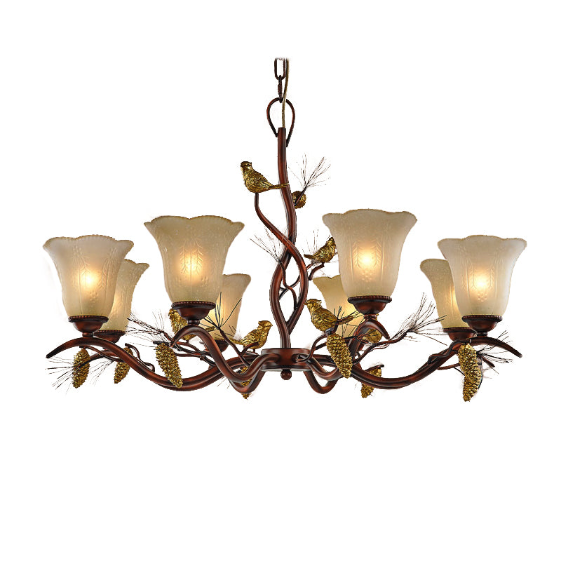 Flower Shaped Living Room Ceiling Chandelier Rustic Frosted Glass 3/6/8 Lights Brown Hanging Fixture with Bird Clearhalo 'Ceiling Lights' 'Chandeliers' 'Glass shade' 'Glass' Lighting' 229562